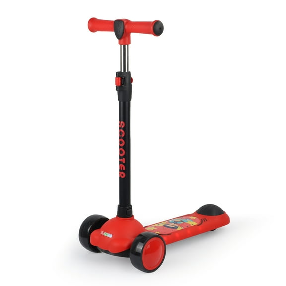 Meghna Kids Kick Scooter 3 LED Light-up Wheels with Music Anti-slip Deck Height Adjustable for 3-6 Years Old Toddler Boys Girls Red