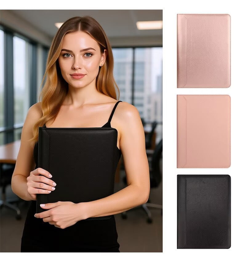 A4 Zipper Binder with Multi-Pocket Organizer, Leather Briefcase for iPad, Memo, Notebook, Pens, Documents, Perfect Gift for Office Business Professionals，Black