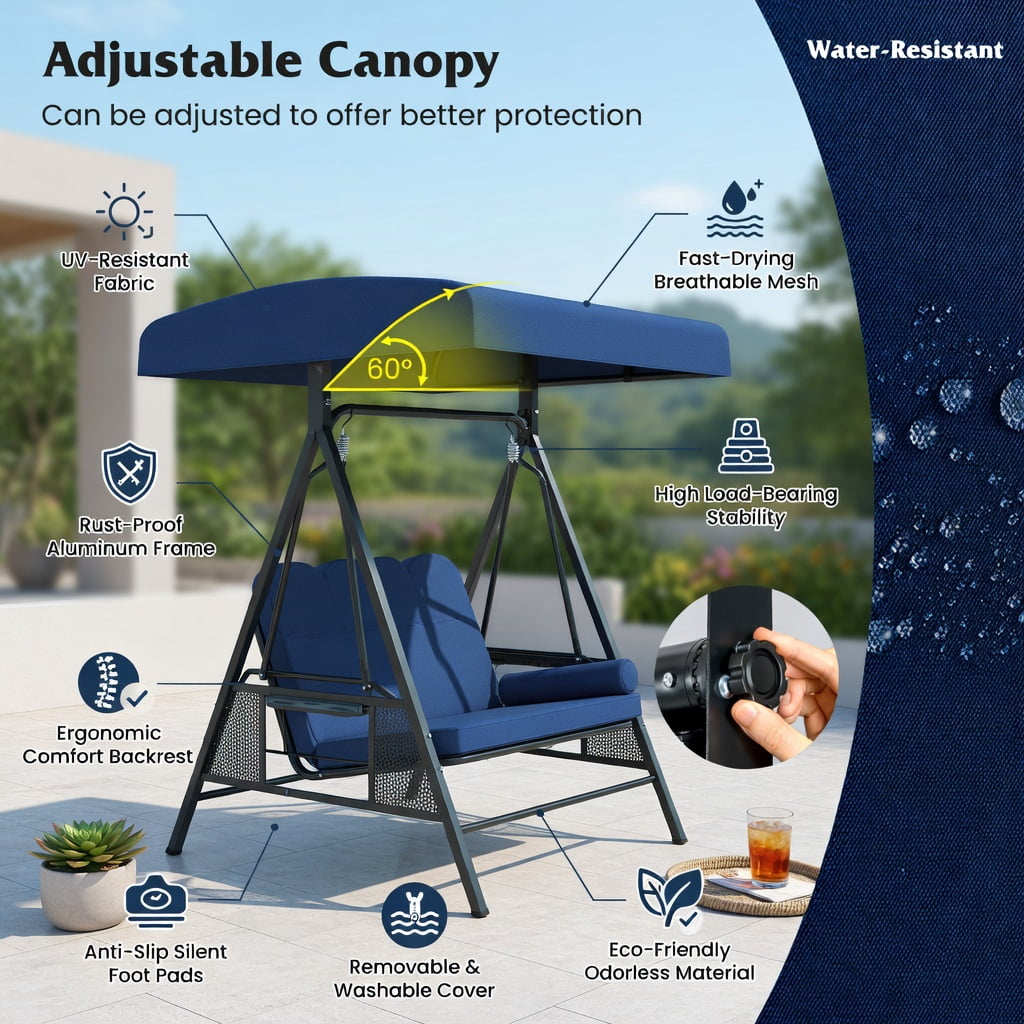 Hommoo 3-Person Outdoor Patio Swing Chair with Adjustable 60° Canopy, Thick Cushions, Foldable Side Trays & Heavy-Duty Steel Frame, Navy