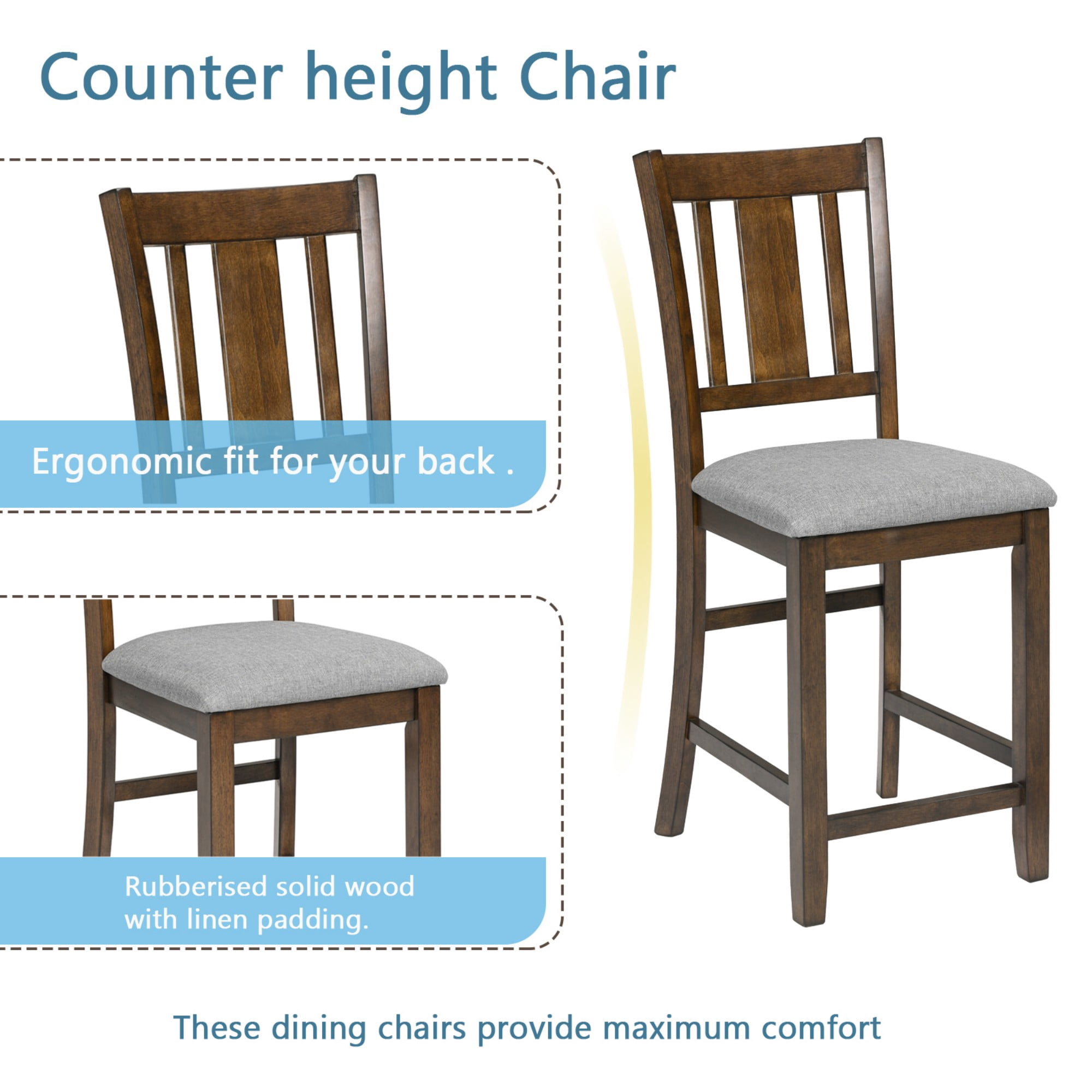 BSHTI 34.5" Acacia Wood 5-Piece Counter Height Dining Table Set with Fabric Upholstered Slatted-Back Chairs for Kitchen（Walnut）