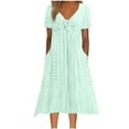 thumbnail image 2 of NSLGXD Summer Eyelet Midi Dresses for Women 2024 Short Sleeve V Neck Tie Waist Dresses Pleat Loose Comfy A-Line Dresses with Pockets, 2 of 7