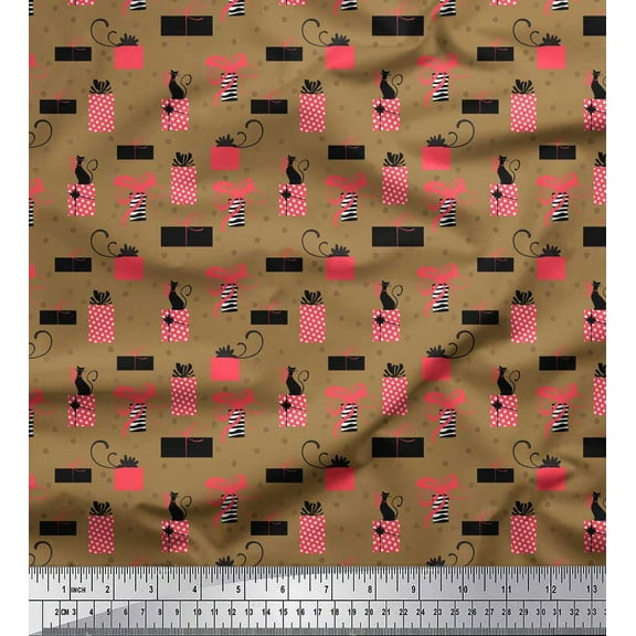 Soimoi Brown Cotton Voile Fabric Dot & Gift Box Party Print Fabric by Yard 42 Inch Wide
