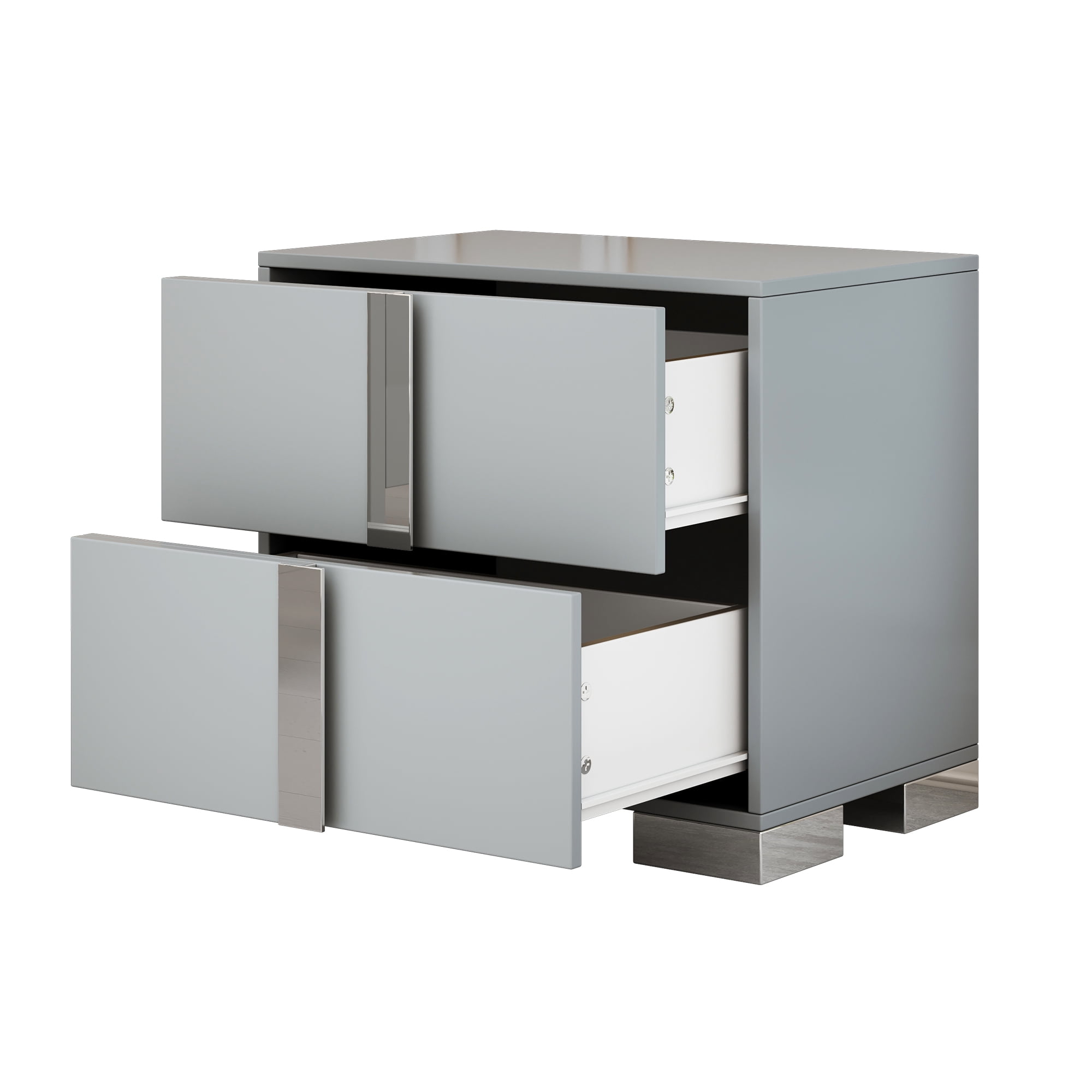 Euroco Wooden Nightstand with 2 Drawers & Metal Foot,Mirrored Bedside Table for Bedroom, Living Room,Gray