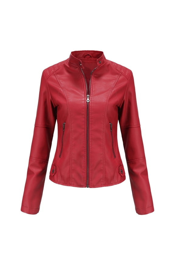 Womens Leather Jackets Full Zipper up Long Sleeve Leather Coats 2025 Slim Fitted Stand Collar Motorcycle Outwear Solid Color Long Sleeve Crop Bomber Jacket with Pockets Red L