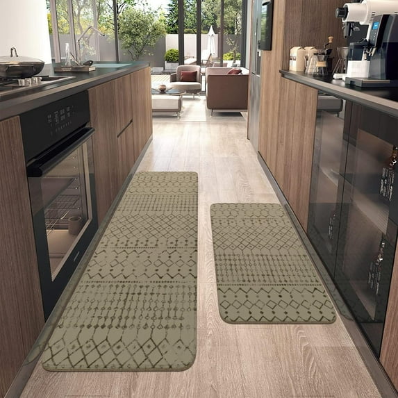 Boho Kitchen Mat Set of 2,Modern Farmhouse Kitchen Rugs and Mats Non Skid Washable,Moroccan Boho Runner Rugs with Rubber Backing for Kitchen Decor Accessories (Khaki/Charcoal 17"x47"+17"x30")