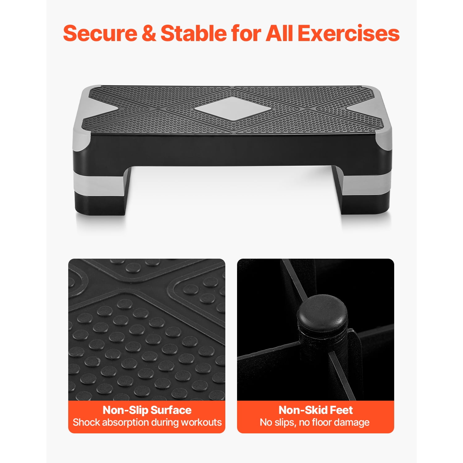 KFFKFF Aerobic Exercise Step Platform, 28-Inch Workout Stepper, Adjustable Height Fitness Training Deck with 4 Risers, Non-Slip Surface Bench for Cardio and Strength Workouts, Gray