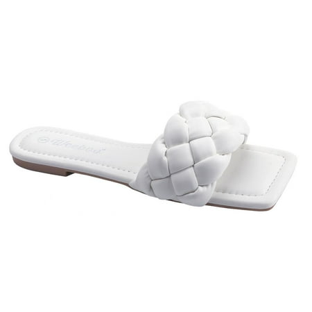 

【MUI-4 PU】Women s Square Open Toe Slides Braided Woven Single Band Slip on Flat Sandals Footwear Shoe Summer Girl Walking Shoes Leather Rubber Tactical Soft Decor