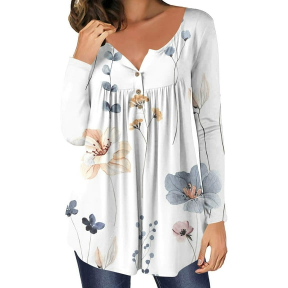 Plus Size Long Sleeve Tunic Tops for Women O-Neck Floral Printed Blouse Pleated Vintage Casual T-Shirts