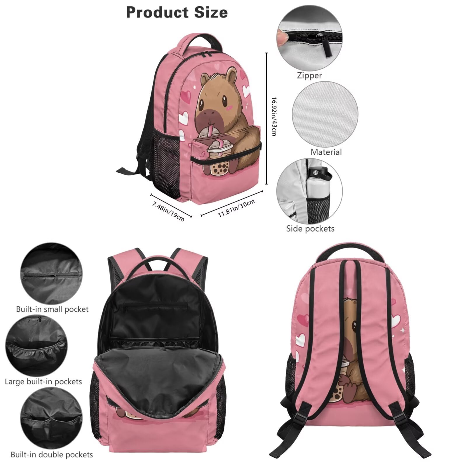 Pzuqiu Cute Capybara Girls Backpack Set of 5 School Bookbag Purse with Reusable Lunch Tote Bag Water Bottle Bag Pencil Case for Kids Elementary Schoolbags