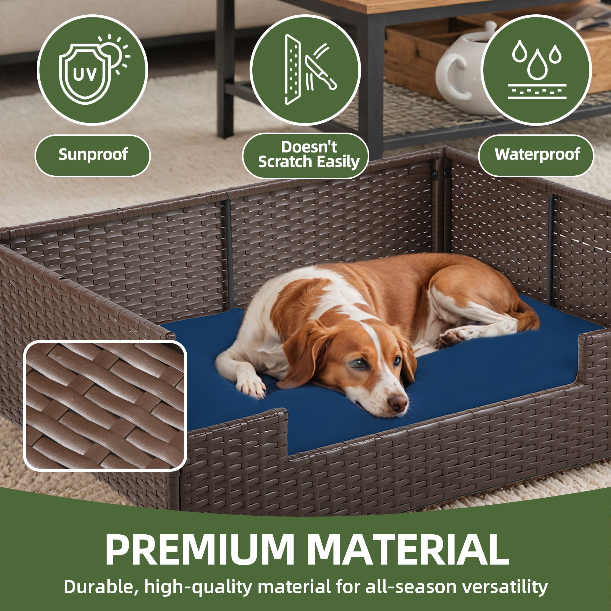 Uforic Rattan Dog Sofa Bed with Blue Cushion,Wicker Pet Bed Sofa Indoor Outdoor,All-weather Protection, Brown&Blue,24.8"L x 19.7"W x 9.8"H