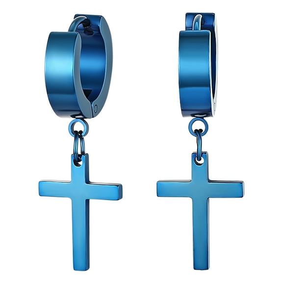 OIDEA Vintage Stainless Steel Hinged Huggie Cross Dangle Hoop Earrings-Blue