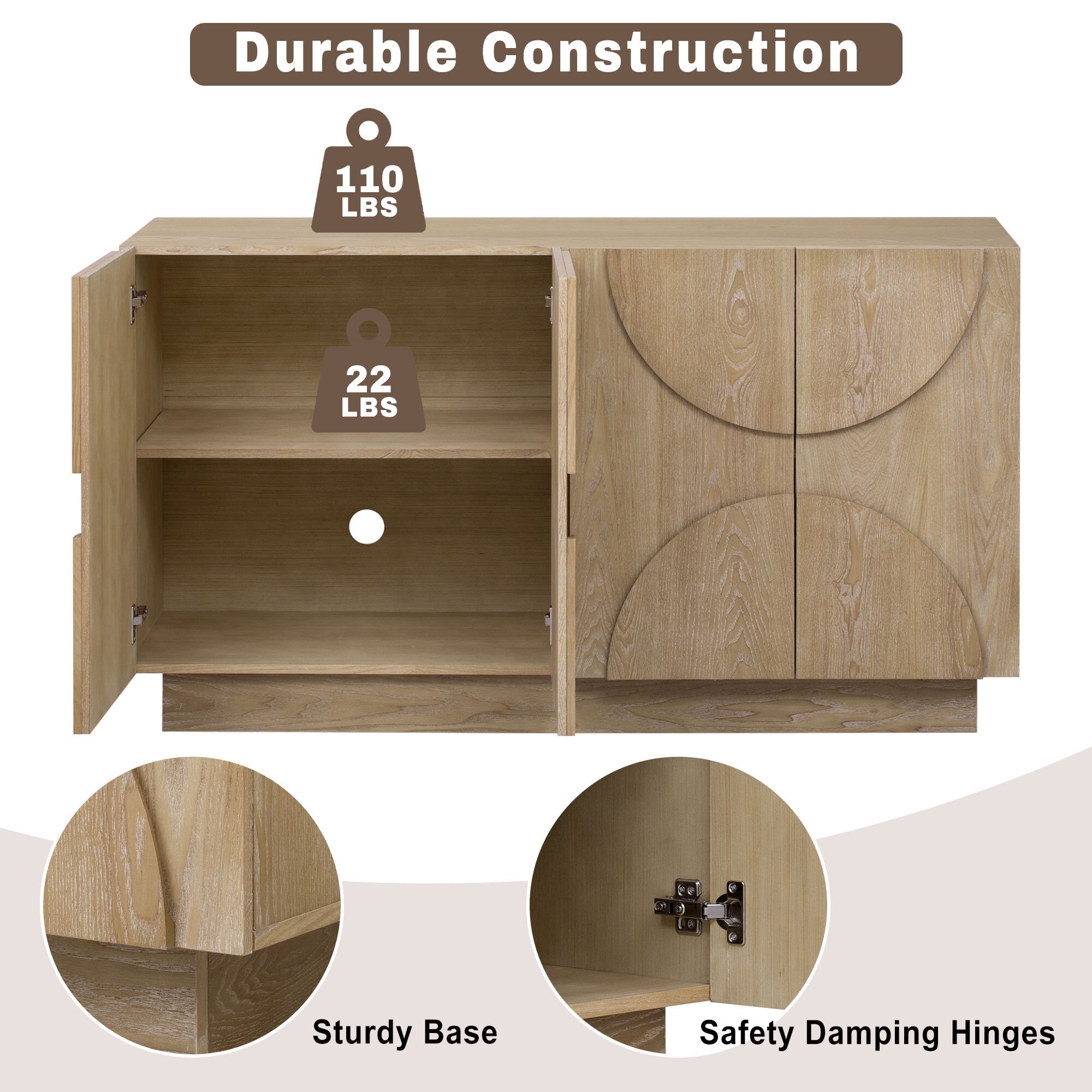 EUROCO 56.3" Large Storage Sideboard,Wood Buffet Cabinet with Adjustable Shelves,4 Doors and Semi-Circular Handles for Kitchen,Living Room,Natural
