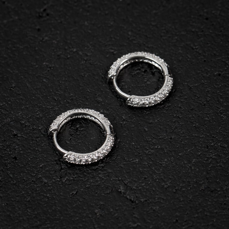 Iced Cz Men's White Gold Plated Sterling Silver Huggie Hoop Earrings Iced Cz Men's White Gold Plated Sterling Silver Huggie Hoop Earrings