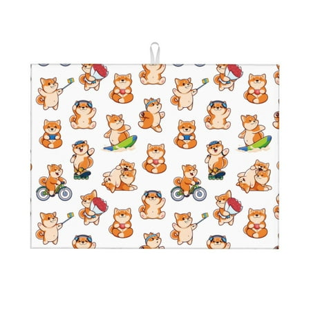 

Large Dish Drying Mats for Kitchen Counter - Funny Cute Corgi Dog Sports 18x24In Anti-Slip Absorbent Microfiber Drying Mat for Kitchen Counter Mat Dish Rack Mat with Hanging Loop