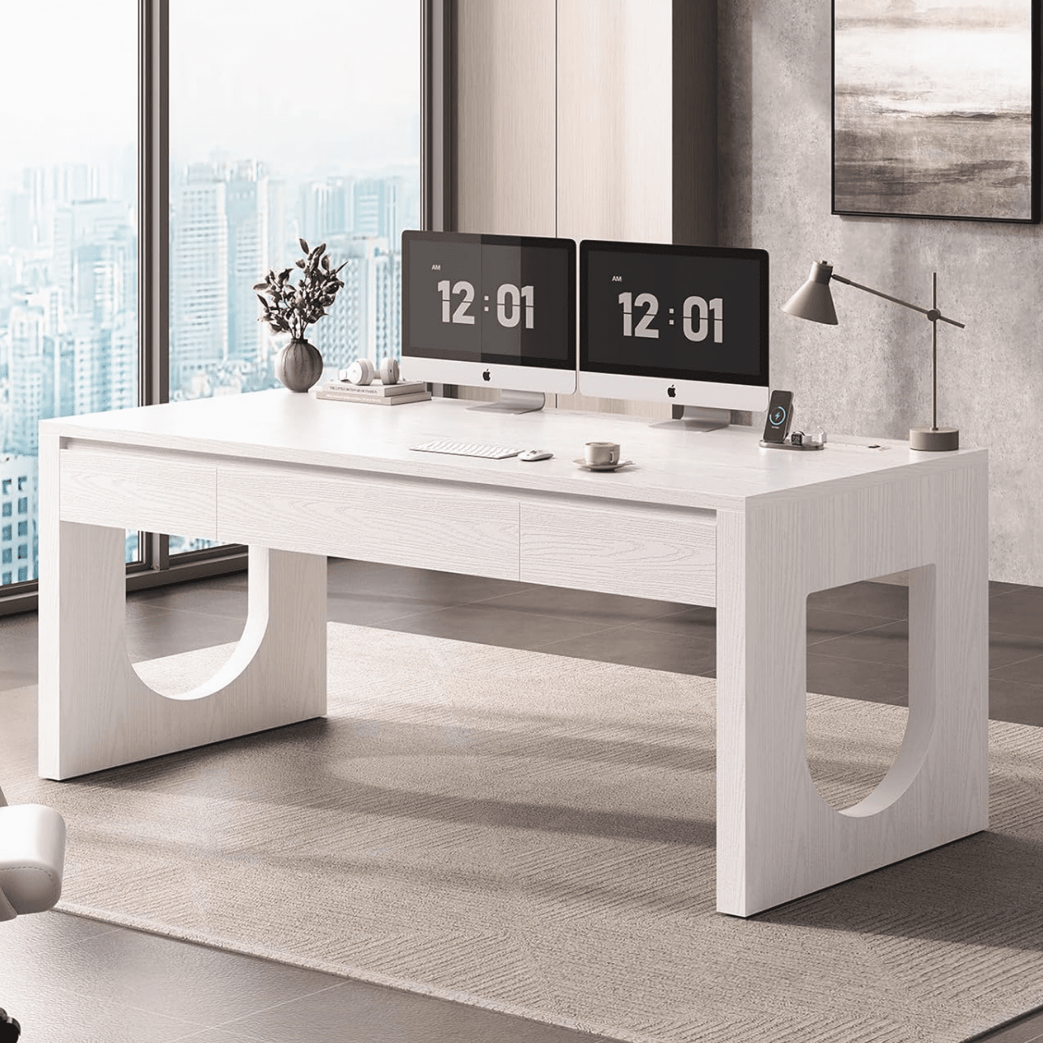SEDETA 55" Office Desk with 3 Drawers, Modern Executive Desk with U-Shaped Legs, Wood Computer Desk with Power Outlet, Home Office Desks with Relief Texture, White