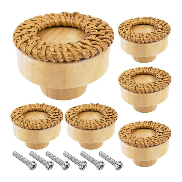6 Pack Boho Rattan Knobs Round Decorative Wood Dresser Knobs