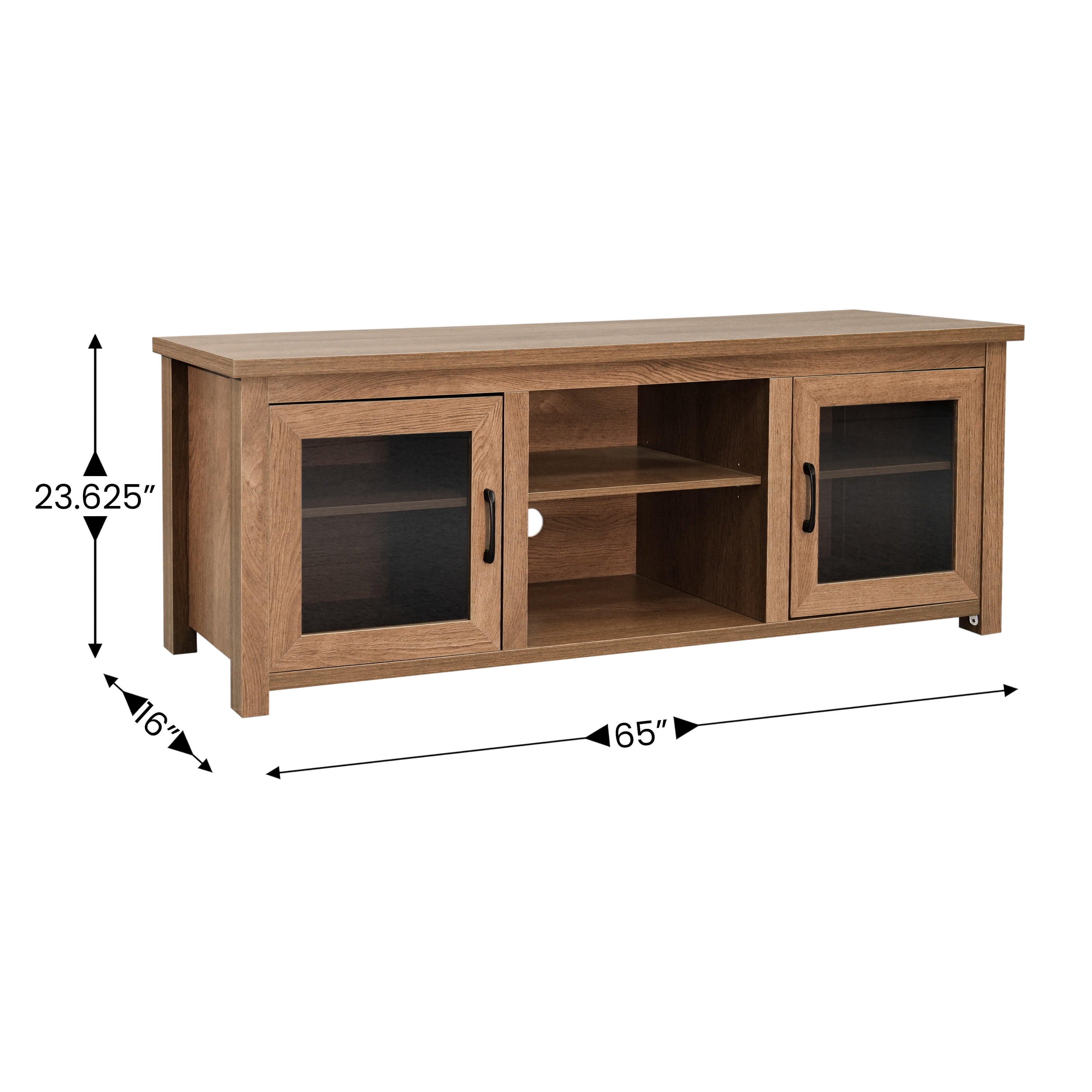 BizChair Sheffield Classic TV Stand for up to 80" TVs - Modern Walnut Finish with Full Glass Doors - 65" Engineered Wood Frame - 3 Shelves