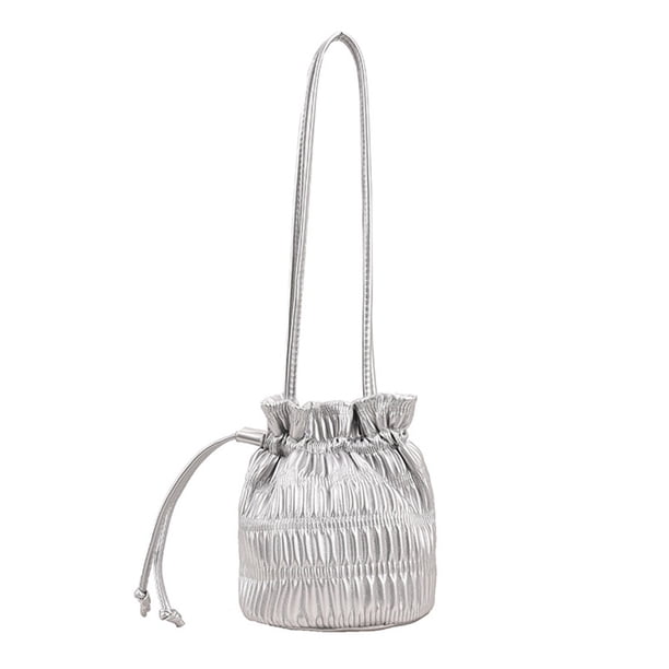 Bolso Hobo Tipo Cubo Bsvklp para Mujer Bandolera Cuero PU con Cordón Plisado