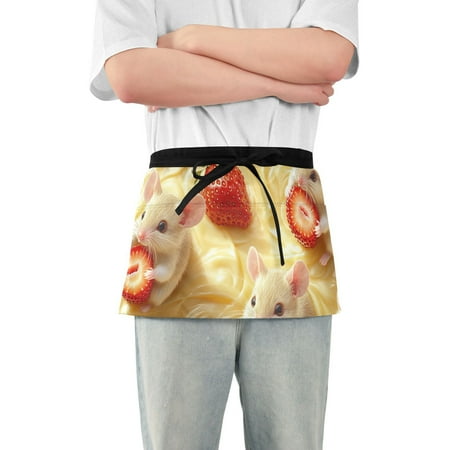 

Strawberry and Mice Waist Apron Adjustable Server Half Apron Kitchen Cooking with 3 Pockets for Men Women