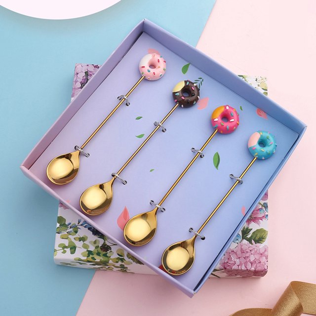 Ruiboury Cartoon Adorable Restaurant Tableware Portable Reusable Washable Stainless Steel Dinnerware Cake Dessert Flatware Donut Fork Coffee