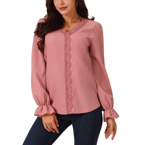 Blusa de encaje con escote en V y mangas de linterna para mujeres de INSPIRE CHIC