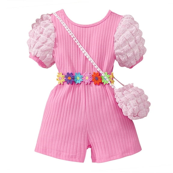 GYRATEDREAM Toddler Baby Girl Romper Jumpsuit Kids Crewneck Short Puff Sleeve Cross Back Pit Strip Onesie with Bag Spring Summer Outfit Clothes Pink for 2-7Y