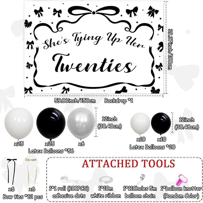 Black Bow 30th Birthday Party Decorations, Coquette Bow 30th Birthday Decoration Black Bow She's Tying Her Twenties Backdrop Latex Balloon Arch Kit for Woman Rip 20s Party Supplies