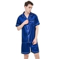 thumbnail image 3 of Aisomnus Men's Silk Pajama Set | Silky Satin | Short Sleeve Top and Shorts | Button nightwear Set-L, 3 of 9