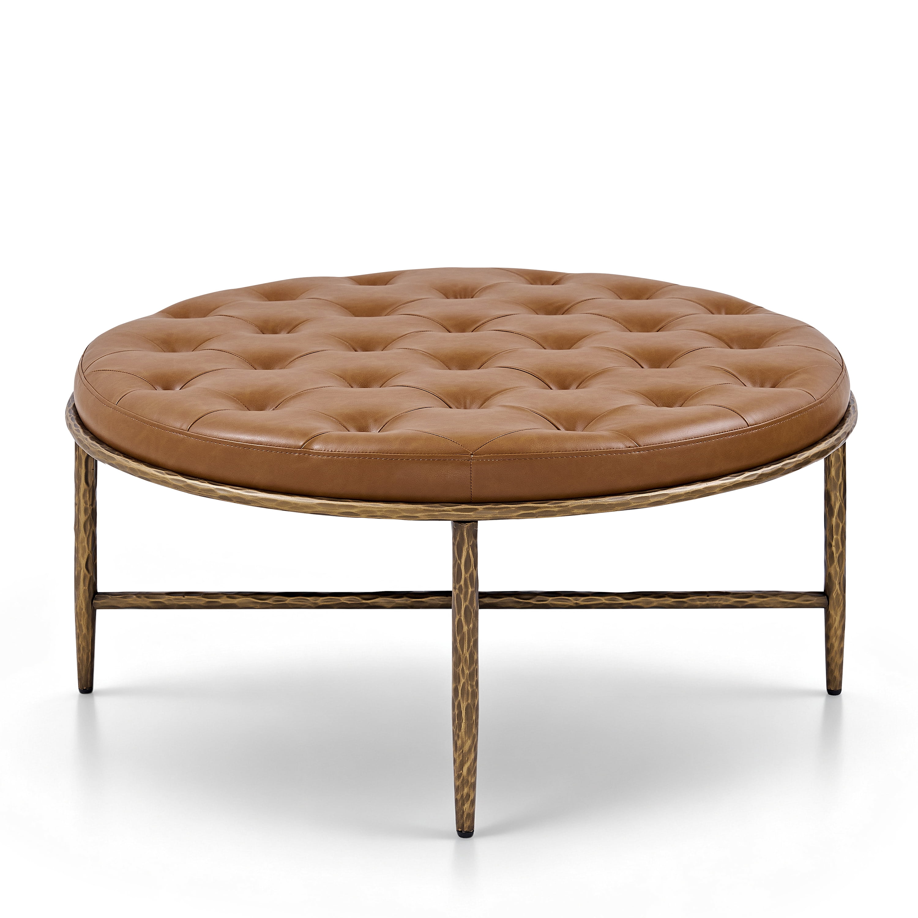 Euroco 36" Round Tufted Ottoman Coffee Table,PU Leather Upholstered Footstool Center Table with Hammered Metal Frame & X-Base for Living Room,Brown