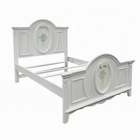 Auri Full Size Bed, Floral Motifs Arched Headboard, Classic White Wood