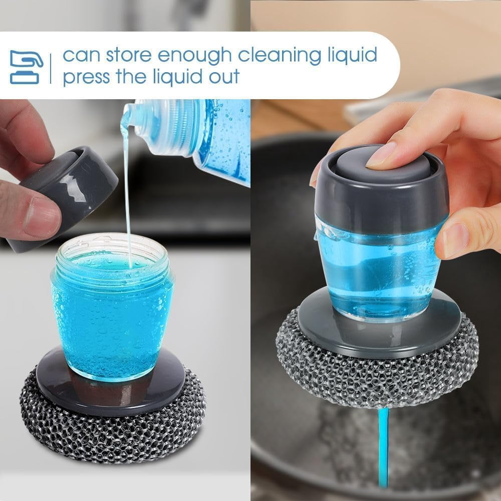Comfort Grip Soap Dispensing Kitchen Scrub with 4 Cleaning Balls, Kitchen Scrub Brush Built-in Soap Dispenser, Press-Type Automatic Liquid Dispensing Dish Brush for Cleaning Dishes&Pots (3PCS)