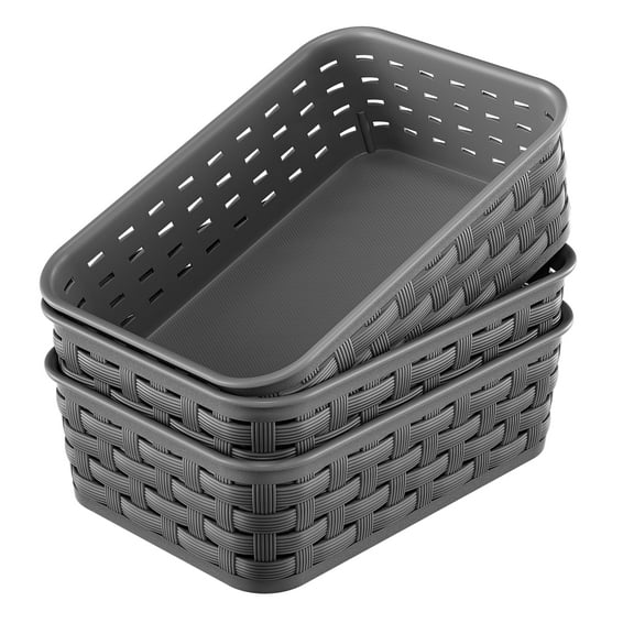 Mini Woven Plastic Baskets 3 Pack, Multipurpose Storage Bins for Pantry Laundry Room Shelves Cabinets, Dark Grey
