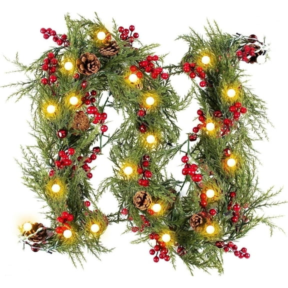 Fohil Christmas Garland with 40 LED Lights, 2 Pack 6.6 FT Christmas Garland Decoration with Pine Cones, Red Berries, Bells Battery Operated Fairy Light for Door Mantel Stairs Fireplace Indoor Outdoor