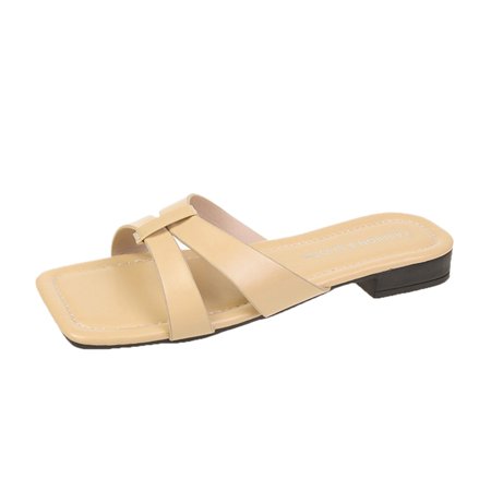 

Mortilo Womens Shoes Summer Slippers Soft Sole Flat Fashion Casual Square Toe Outer Beach Sandals PU slipper for Women Khaki