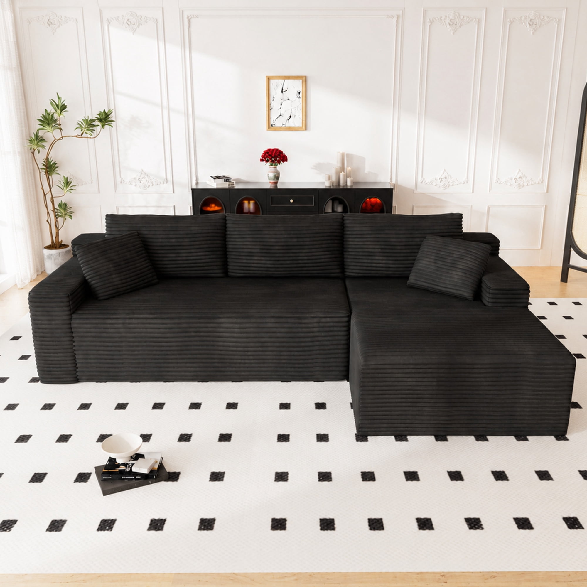 Lunale 105" Modular L-Shaped Sectional Sofa, Boneless Cloud Couch, No Assembly Required, Modern Deep Seat Corduroy Sofa for Living Room, Black (Right Facing Chaise)