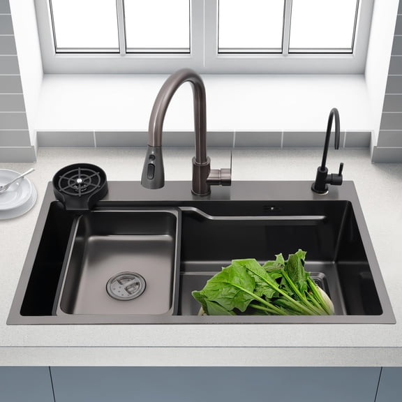 29.53*17.72*8.66in Modern 304 Stainless Steel Rectangular Black Multifunction Sink Set with Faucet