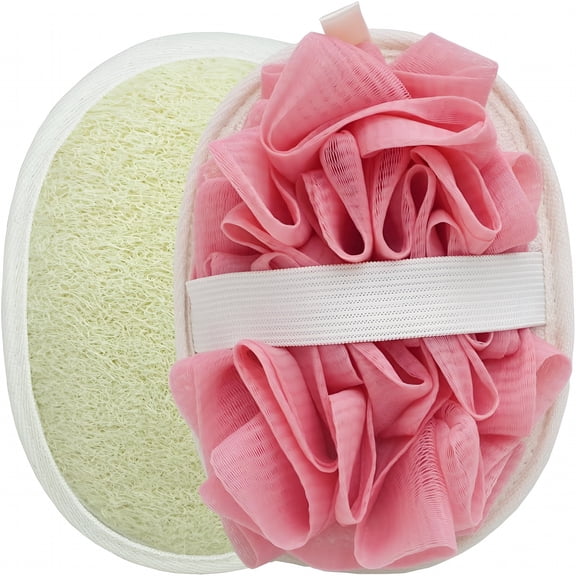 ACDANC Double Sided Natural Loofah Exfoliating Body Scrubber and Mesh Pouf Bath Sponges for Shower Loofah Pad (2 Piece Set,White/Pink)