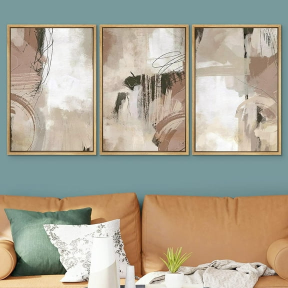 PixonSign Framed Wall Art Set Brown & White Pastel Watercolor Paint Strokes Shapes Abstract Personalized Graffiti Modern Prints Colorful Nordic Calm/Zen for Home Decor - 24"x36"x3 Panels Natural