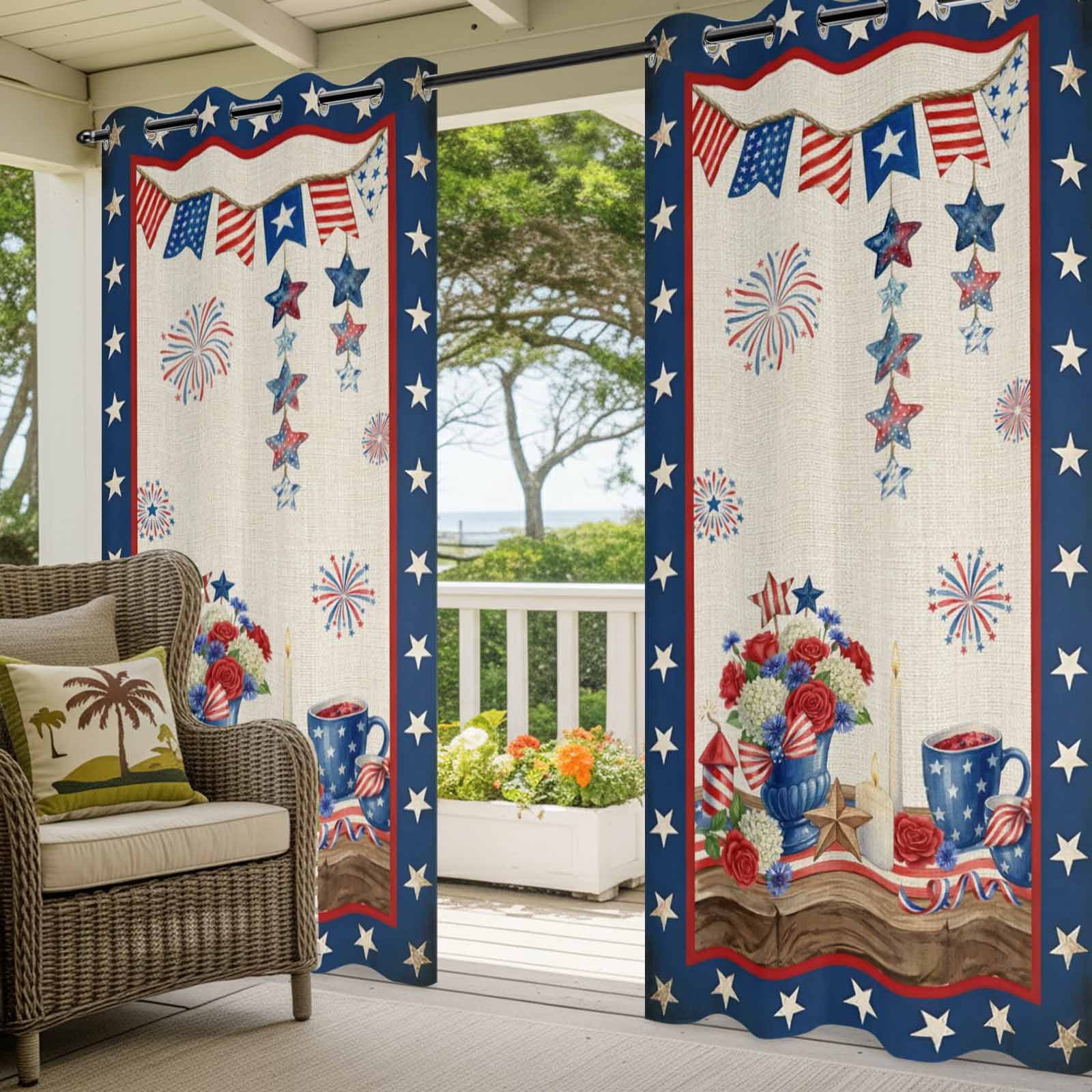 Independence Day Outdoor Curtains for Patio, Retro Red Blue USA Flag Floral Star Linen Texture Sunshade Privacy Drapes Grommet Waterproof Outside Curtains for Porch/Cabana/Balcony 54"x 108", 1 Panel