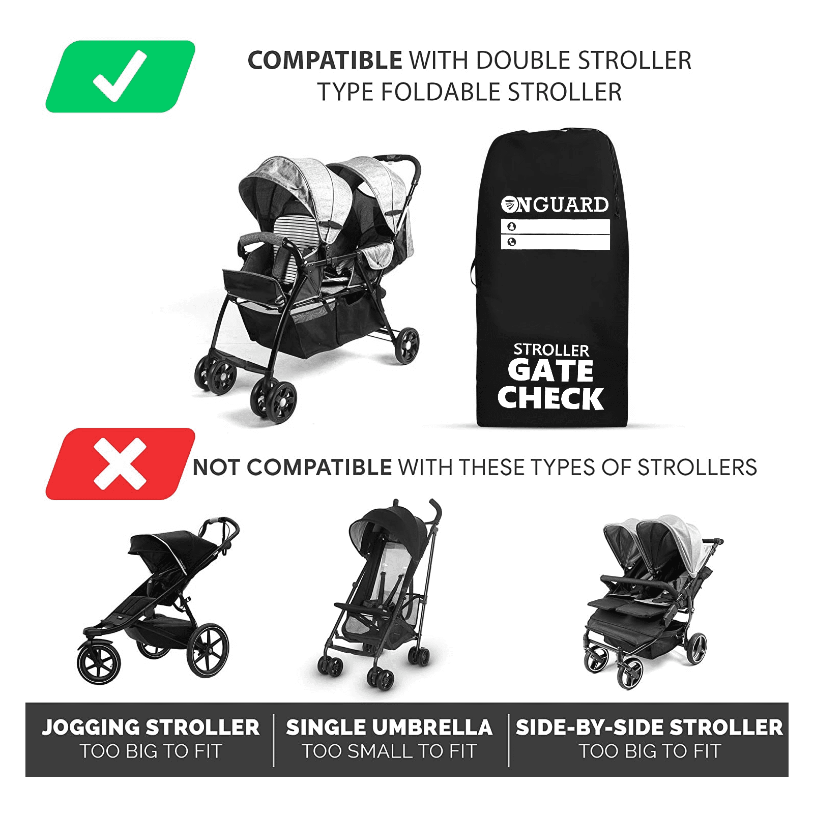 OnGuard Double Stroller Travel Bag - Waterproof Rip Resistant Polyester Compact - Stroller Bag Cover Accessories, Stroller Bag for Airplane, Stroller Gate Check Bag