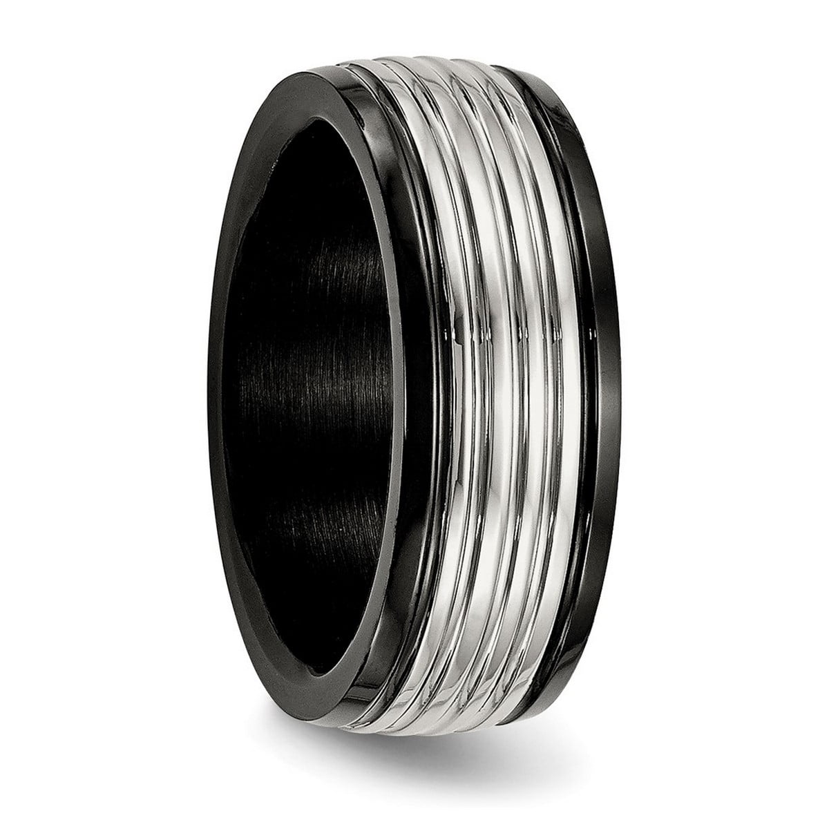 8mm Stainless Steel Polished Black Ip Grooved Ring Size 13 Ring for Women