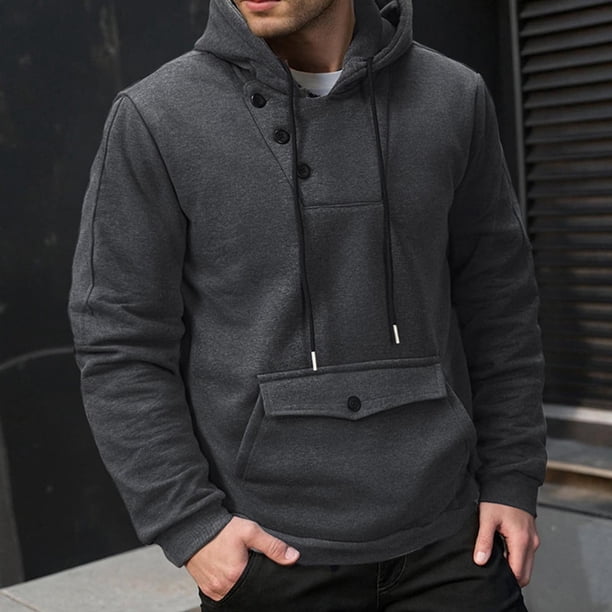 pstuiky camisa de manga larga para hombre, Sudadera con capucha y bolsillo de manga larga para hombre, informal, con botones y colores sólidos camisetas de hombre xxl