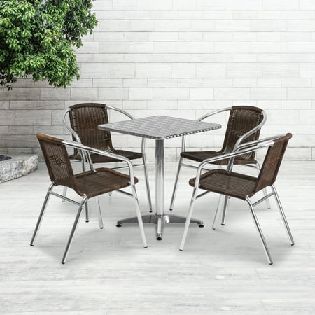 

Flash Furniture 23.5 Square Aluminum Indoor-Outdoor Table Set with 4 Dark Brown Rattan Chairs