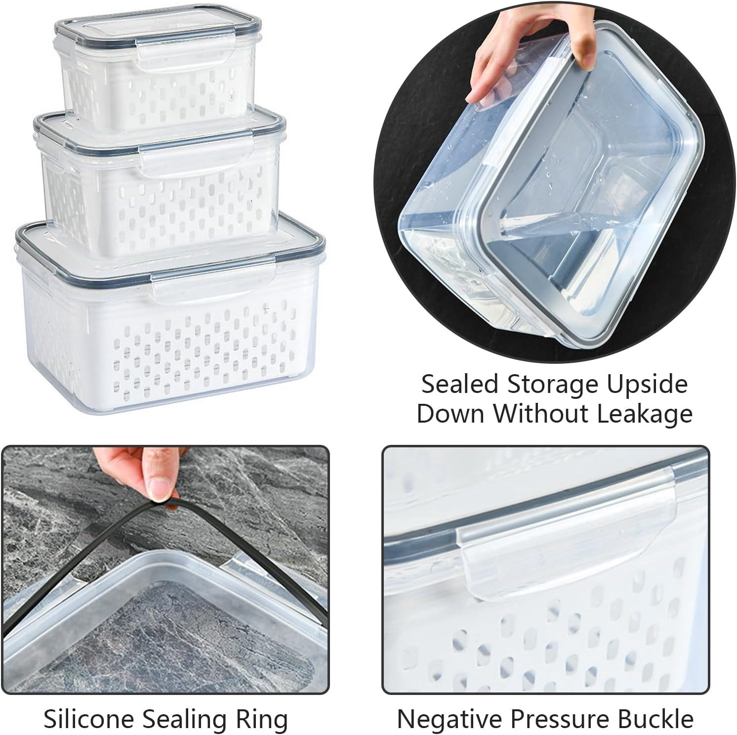 3 Pack Fruit Storage Containers for Fridge with Removable Colanders - Food Storage Containers with Lids, BPA-Free Produce Containers Keep Fruits, Vegetables, Berry, Meat Fresh Longer