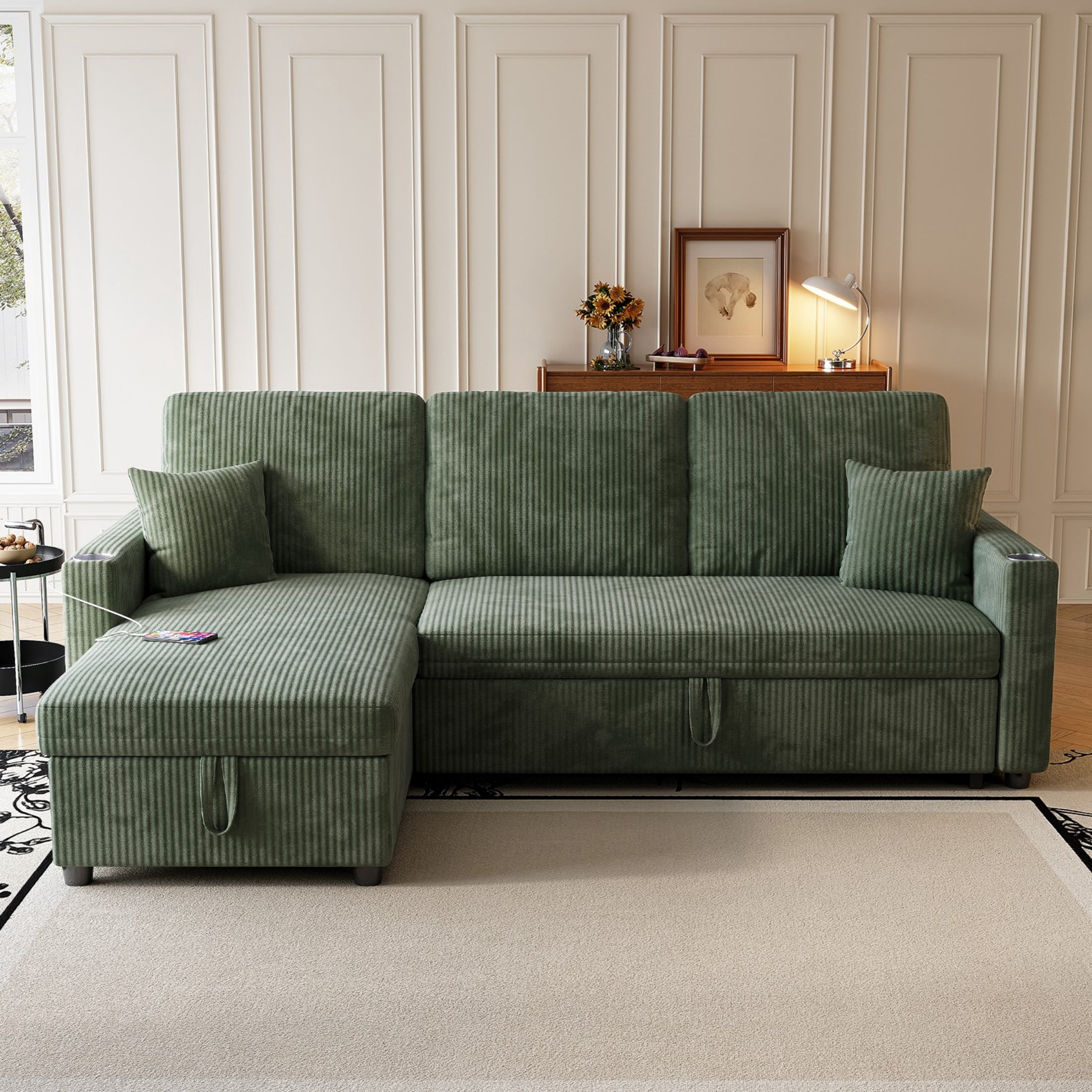 Sleeper Sectional Sofa, 83" Convertible Sofa Bed with Pull Out Couches, Small Desktop, L Shaped Couch with Reversible Chaise, Cup Holders, USB, Modern Corduroy Sofas for Living Room Apartment, Green