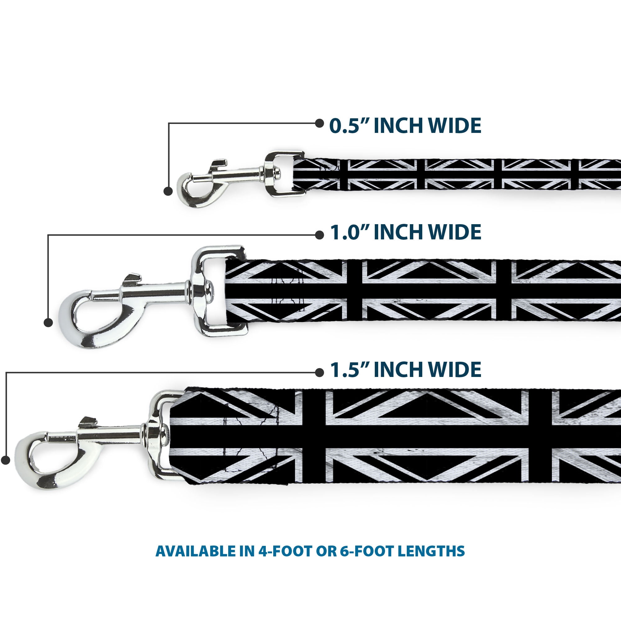 Buckle-Down Pet Leash, Dog Leash, Union Jack Distressed Black White, 6 Feet Long 1.0 Inch Wide