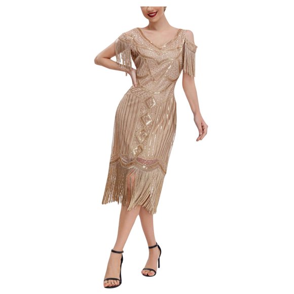 Womens 1920S Flapper Dress Vintage Long Fringe Dress Roaring 20S Sequins Beaded Dress Women'S Formal Dress Beige L