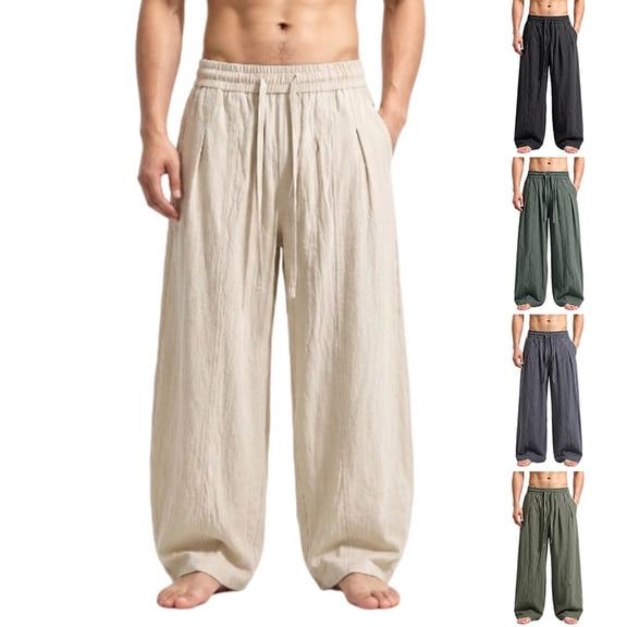 Mens Big and Tall Linen Pants Wide Leg Baggy Pants Elastic Waist Casual Summer Beach Palazzo Trousers Size M-5XL Beige