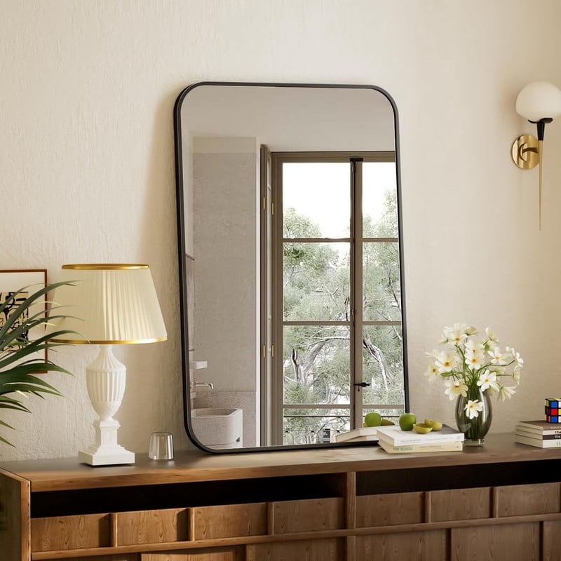 Clarvion 26"x38" Rounded Edge Rectangle Bathroom Mirror Wall Mounted Vanity Mirror,Black