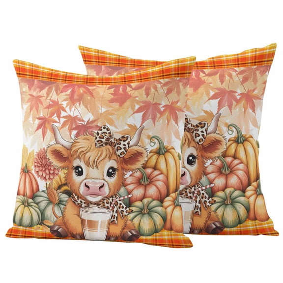 Fall Orange Pumpkins Outdoor Waterproof Pillow Covers, Thanksgiving Cute Cow Rustic Maple Leaves Decorative Square Throw Pillowcase Sofa Cushion Sham for Patio/Couch/Chair, 26"x26" 2 Pack